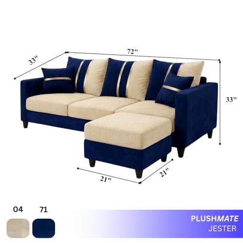 Image of Jester 4 Seater L Shape Sofa Set with Movable Ottoman | Flexible Left or Right Layout | Luxury Velvet Suede Fabric | Modern Living Room Sofa | Dark Blue-Cream