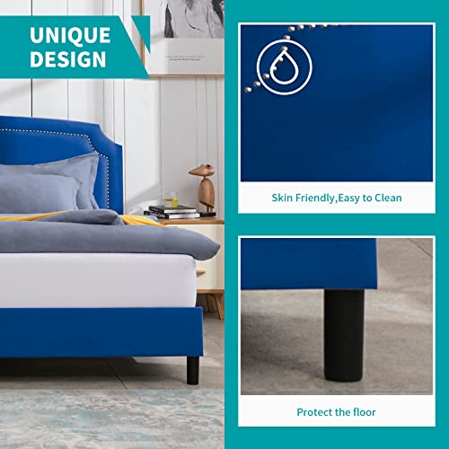 Balus Velvet Upholstered Bed Frame, California King Size Platform Bed Frame With Nailhead Trim Adjustable Headboard, No Box Spring Needed/Wood Slat Support/Easy Assembly (Navy Blue) #TOP3
