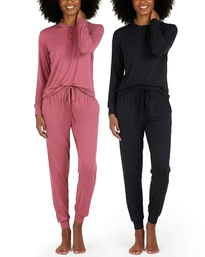 Image of Real Essentials 2 Pack: Women's Soft Long Sleeve Sleep Set - Comfortable Lounge Pull Over Hoodie and Henley Jogger