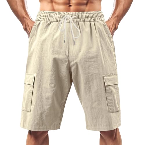 Image of Mens Linen Shorts Casual Drawstring Elastic Waist Cargo Vacation Lightweight Breathable Summer Beach Shorts for Men