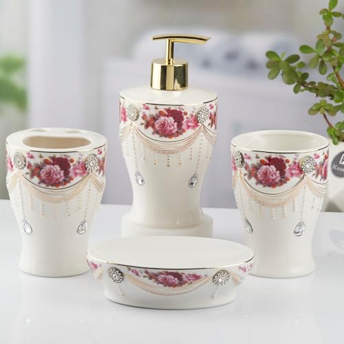 Image of Kookee Ceramic Bathroom Accessories Set, 4 Piece Bath Kit with Soap Dispenser, Toothbrush Holder, Tumbler & Soap Dish | Luxury Home & Guest Bathroom Decor, White (10477)