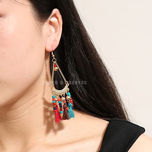 Image of Young & Forever Gift Boho Carnival Sea Island Long Tassel Earrings Handmade Beaded Bohemian Women Statement Beads Dangle Earrings Ethnic Jewelry Fringe Earrings