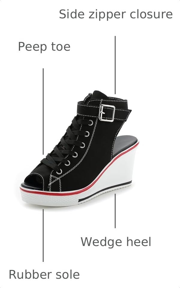 Image of OCHENTA Women's Peep Toe Wedge Sneakers Canvas Platform Shoes Side Zipper Lace up Buckle Fashion Sneakers Walking Shoes