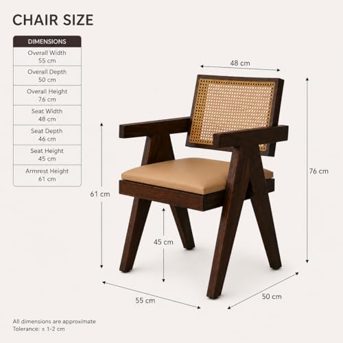 Image of Solid Wood Arm Chair with Cushion and Cane Back Support Chair Living Room Bedroom Home Wooden Armchair Furniture Garden Balcony Outdoor & Indoor (Walnut Finish)