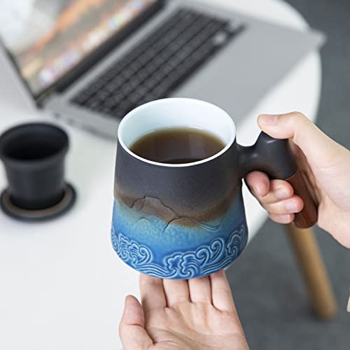 Maxjoy Tea Cup With Infuser And Lid Ceramic Tea Mugs With Wood Handle For Steeping Loose Leaf Tea(13.5Ounce, Classic Gradient Black Blue Glaze) High-End Porcelain Gifts #TOP3