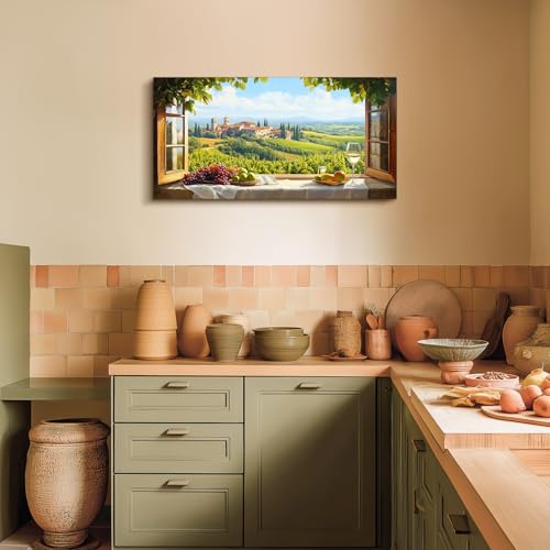 crmotu Vineyard Faux Window Wall Art, Italian Countryside Landscape Large Artwork, Grape Fields Prints Kitchen Wall Decor, Rustic Charm Pictures for Living Room Dining Room No-window Room 20x40 Inch