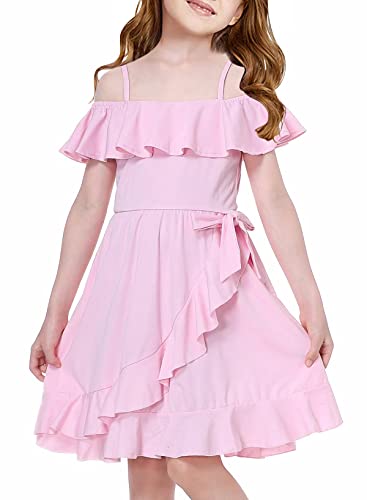 Mebius Girls Off Shoulder Dresses Flowy with Pockets Summer Ruffle Wrap Dress Casual Party Graduatoin Kids Dress