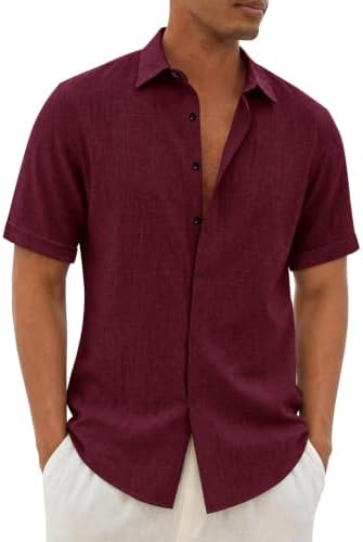 Mens Linen Shirt Short Sleeve Button Down Shirts Casual Summer To...