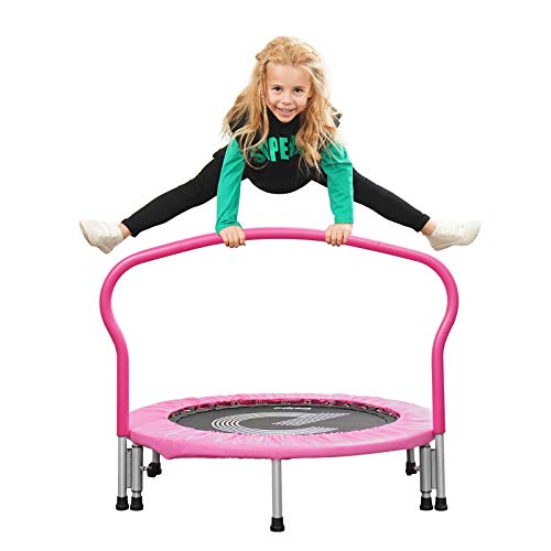pelpo 38\" Folding Mini Trampoline, Safety Pad Rebounder with Foam Handle, Play Exercise Bounce for 3-6 Years Kids Toddler Indoor Max Load 180lb, Pink