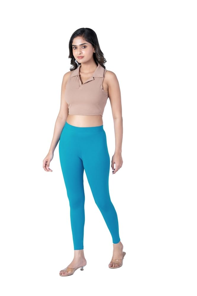 Turquoise Blue Ankle Length Leggings | Premium Cotton Elastane Blend | Soft Stretch Fabric for Everyday Comfort and Breathable Fit-image-20