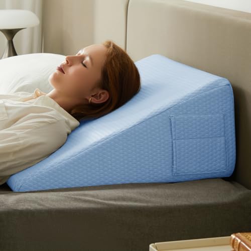 Image of Bedluxe Wedge Pillow, 10 inch Bed Wedge Pillow for Headboard, Pillow Wedge for Acid Reflux Relief, Sleeping, After Surgery, Snoring, Gerd, Triangle Pillow Wedge - Cooling Memory Foam Top, Light Blue