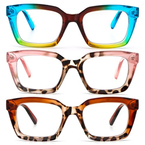 DXYXYO Reading Glasses Women 3.0 Blue Light Blocking Square Oversized Computer Readers 3 Pack Retro Fashion Blue+pink+brown
