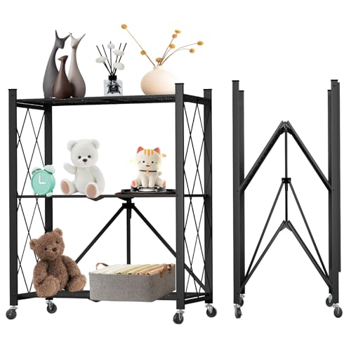 Image of 3 Tier Foldable Storage Shelf with Wheels Garage Shelving | Unit Loads 550 LBS, Metal Steel Collapsible Shelves, Rolling Standing Utility Rack for Kitchen, Pantry, Office, Black