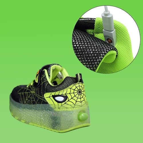 2 Wheels Shoes Kids Simple Roller Skate Shoes with Light Up Rechargeable USB Rechargeable Flashing Sneakers for Christmas Growth Gift Size 6 Big Kid Black Green4