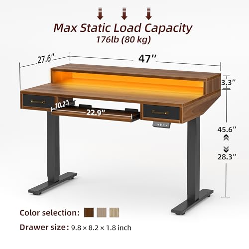 Image of TIQLAB Standing Desk with Two Drawers, Stand Up Standing Desk Adjustable Height, Electric Sit Stand Table with Storage Shelf and Splice Board, with LED Light, 47 * 28 inch, Black Walnut