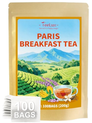 Image of TeeLux Paris Breakfast Tea Bags, Blend Black Tea with Natural Vanilla & Bergamot Flavor, Robust & Smooth Taste, 100 Count