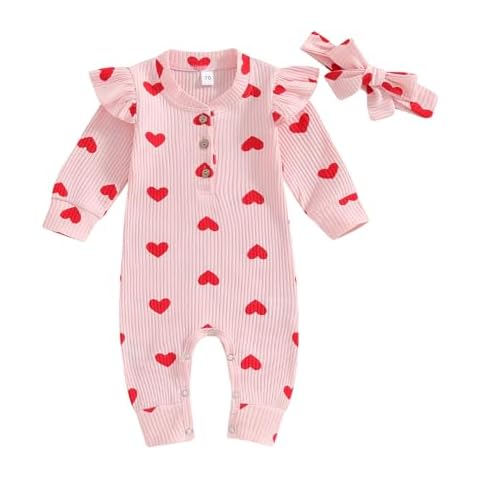 Ledy Champswiin Newborn Baby Girl Valentine Clothes Infant Heart Print Romper Jumpsuit One Piece Outfit (Heart Ribbed Pink, 3-6 Months) Cover