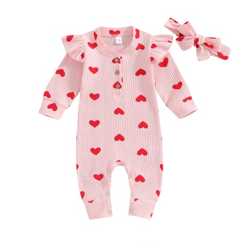 Image of Ledy Champswiin Newborn Baby Girl Valentine Clothes Infant Heart Print Romper Jumpsuit One Piece Outfit