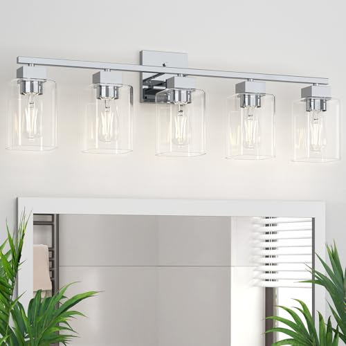 Image of 5 Light Bathroom Vanity Light - Chrome Bathroom Light Fixtures Square Design & UL Certification, 31 Inch Bath Room Light Fixtures Over Mirror for Living Room & Bedroom & Restroom
