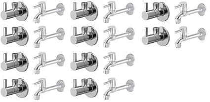 Spazio Stainless Steel Turbo Angle Valve With Long Body Combo Pack Foam Flow Water Taps With Wall Flange (Pack of 10) (Chrome Plated, Brass Disc)
