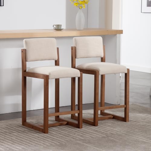 Butacos de barra LukeAlon, tapizados en lino beige, con patas de madera sólida y reposapiés, altura de asiento 26 pulgadas, set de 2 piezas miniatura 7
