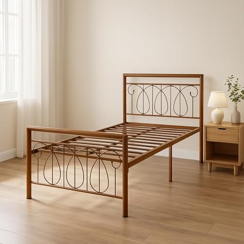 Image of Kovu Metal Extra Single Size Bed Without Storage | Wrought Iron Single Bed with Headboard & Footboard| Sturdy Powder Coated Platform Cot for Bedroom (Kovu Brown)
