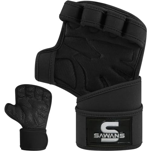 SAWANS Weight Lifting Gloves Padded Palm Protector Powerlifting Gym Gloves Men Women Wrist Support Exercise Fitness Workout Gloves Pull Ups Bodybuilding Essentials Hand Grip Training (Black, XL)