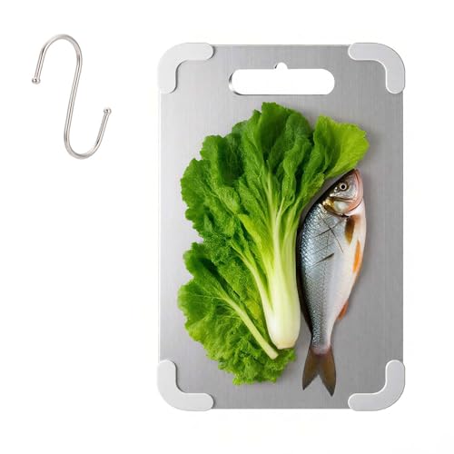Tablas de corte de acero inoxidable para cocina, tabla de corte de titanio con protectores de esquina de silicona y pies antideslizantes para cortar carne, frutas y verduras en casa (34,0 cm x 23,0 cm) miniatura 1