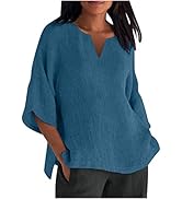 Linen Shirts for Women Solid Color Notch V Neck Loose Fit 3/4 Length Sleeve Tops Spring Fashion 2025