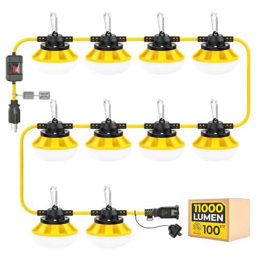 100FT 3-Prong Construction String Lights with Switch, LED Work Light, ETL Certified, IP65 Waterproof, Linkable up to 8 Sets, for Jobsite, Attic, Garage