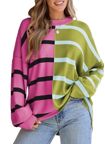 Image of EVALESS Womens Striped Sweaters Long Sleeve Cable Knitted Color Block Casual Loose Lightweight Oversized Sweaters Pullover