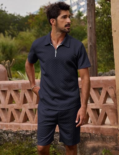 Image of URRU Mens Textured Polo Shirt and Shorts Sets Outfits 2 Piece Summer Tracksuits Casual Quarter Zip Golf Polo Shirts