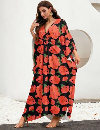 Image of MAKABO Kaftan Dresses for Women, V Neck Moo Moos Colorful Print Cover Ups Caftan Beach Dresses for Swimwear