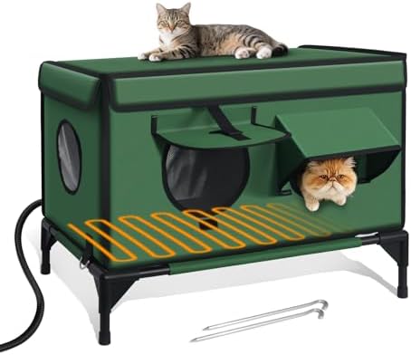 Heated Cat House for Outside Winter, Insulated & Weatherproof, Elevated Heated Cat Shelter with Heating Pad, Escape Door & 4 Windows, Warm House for Outdoor Stray Feral Barn Cats (Green, 26