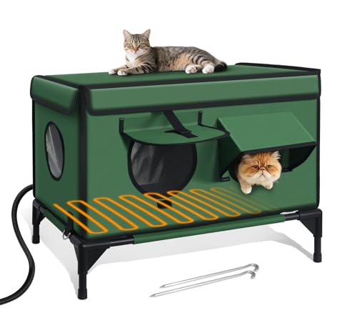 Heated Cat House for Outside Winter, Insulated & Weatherproof, Elevated Heated Cat Shelter with Heating Pad, Escape Door & 4 Windows, Warm House for Outdoor Stray Feral Barn Cats (Green, 26