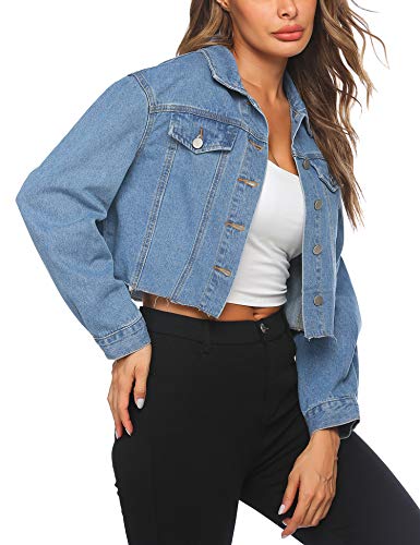 HOTLOOX Summer Jean Jacket Women's Frayed Button Up Washed Cropped Denim Jacket Light Blue XL