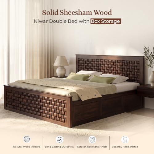 Image of WOODLAB Furniture Sheesham Wood Niwar Queen Size Bed with Box Storage Wooden Double Bed Palang for Bedroom Living Room (Walnut Finish)