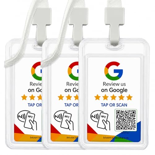 NFC Review Tap Card for Google with Protective Sleeve and Neck Lanyard (3 Pack)- NFC & QR Code Enabled Revew Sign Smart Business Card, PVC Waterproof Contactless Tap Card for Local Business, Restaurants & Retail