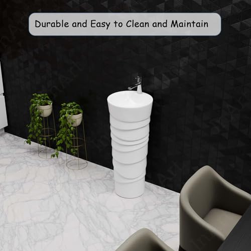 Image of InArt One Piece Ceramic Pedestal Free Standing Round Wash Basin for Living Room and Bathroom (15 x 15 x 34 Inch, White)