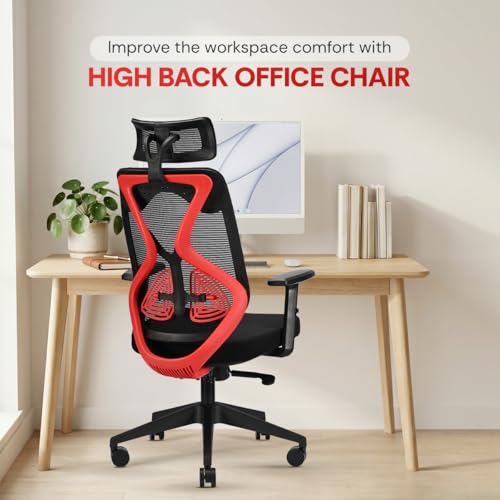 Image of IAFA FURNITURE Ergolux High Back Ergonomic Office & Study Chair | 3 Year Warranty | Adjustable Height, Tilt Lock, 2D Headrest, Adjustable Arms & Lumbar Support | Nylon Base | DIY | (Red)