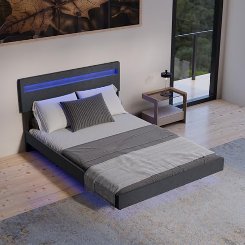 Juskys Letto sospeso Lissabon 140x200 cm con LED, rete e testiera – Design moderno in legno e similpelle – Matrimoniale – Colore grigio scuro