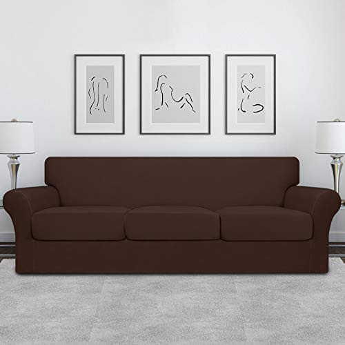 Image of Easy-Going 4 Pieces Oversized Stretch Couch Cover for Dogs Washable | Sectional Sofa Slipcover for 3 Separate Cushion Couch - Elastic Furniture Protector for Pets, Kids Coffee