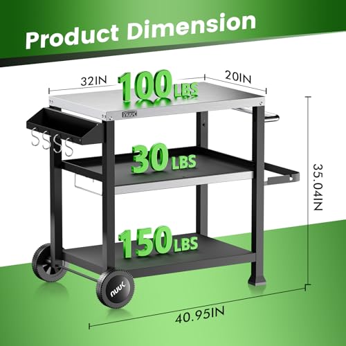 NUUK 3-Shelf Grill Cart for Outdoor with Stainless Steel Top – 20\" x 32\" Movable Pizza Oven Stand with Wheels Kitchen Prep Table BBQ Cart Worktable
