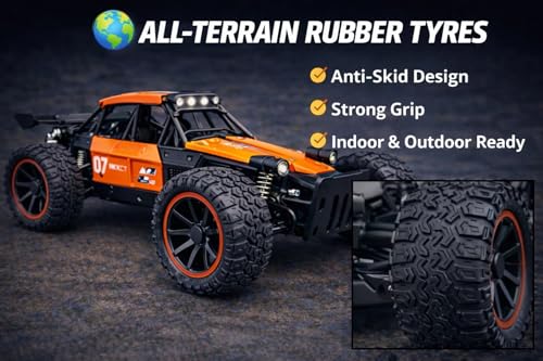 Image of TEC TAVAKKAL Premium RC Metal Off-Road Car with Mist Spray | Rechargeable 2WD | 20 km /h Speed | Type-C Charging | Gun Remote | 150+ Feet Range (Orange)