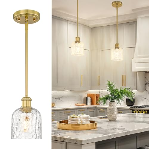 Image of zeyu 1-Light Kitchen Pendant Lighting Fixture, Kitchen Island Ceiling Light, Vintage Pendant Light with Clear Hammered Glass, Brushed Gold Finish, ZJF63MIL BG