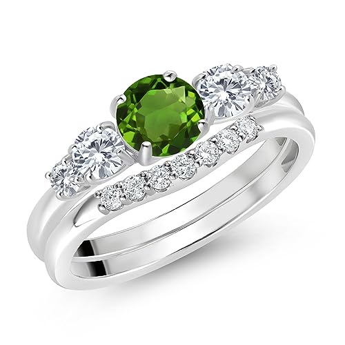 Gem Stone King 10K White Gold Green Chrome Diopside White Moissanite and Lab Grown Diamond 5 Stone Bridal Engagement Wedding Ring Set For Women (0.81 Cttw, Round, Available in Size 5,6,7,8,9)2