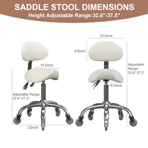 Image of Saddle Stool with Back Support, 350LBS Ergonomic Rolling Chair, Beige | 350 LBS Load, Height Adjustable, 360 Swivel Casters, Ergonomic Backrest, Multi-Use for Salon, Tattoo, Spa, Dentist