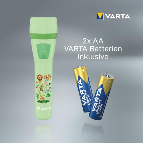 Varta Taschenlampe für Kinder inkl. 2x AA Batterien, Kids Leuchte, kleine Kindertaschenlampe Dschungel Design mit Tieren, Taschenleuchte, grün