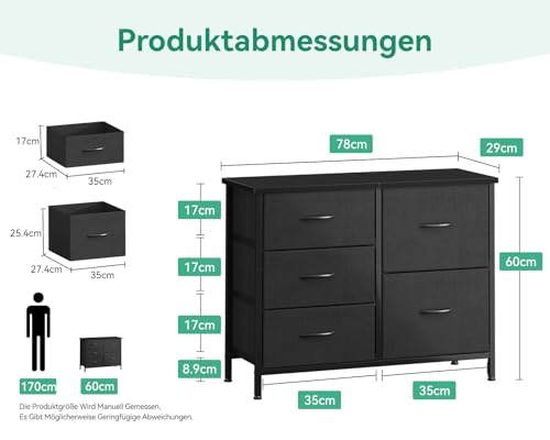 Coleshome Kommode mit 5 Stoffschubladen, Kommode mit Schubladen mit 2 Große und 3 Kleine, Holzplatte Robustem Stahlrahmen, Geeignet für Schlaf- und Wohnzimmer, 76 x 29 x 60cm, Schwarz