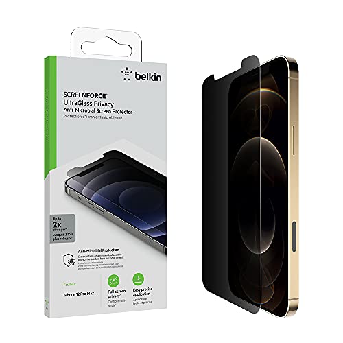 Belkin ScreenForce UltraGlass iPhone 12 Pro Max, Privacy Antimicrobial-Treated Screen Protector with Easy Align Tray for Bubble Free, Convenient Installation